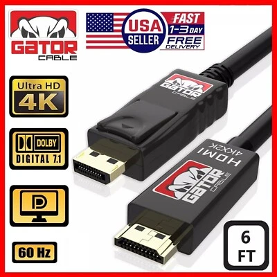 4K DisplayPort DP to HDMI Cable 60Hz 2160P 25.92Gbps HDR Audio Video Adapter 6FT - Image 1 of 4