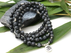 GOLDJUNGE69 GJ EDELSTEIN KETTE /MALA ARMAND 108 + 2/1 OM -SCHW. LABRADORIT BUDDH - Bild 1 von 9