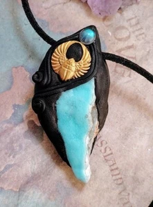 Atlantis Gold Winged Scarab Necklace. Hemimorphite Egyptian Jewelry Pendant - Picture 1 of 3