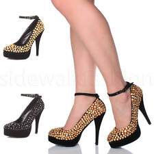 Womens ladies platform high heel diamante ankle strap evening court shoes size