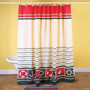 Lighthouse Seaside Striped Nautical Ships & Captain's Wheel Shower Curtain - Picture 1 of 3