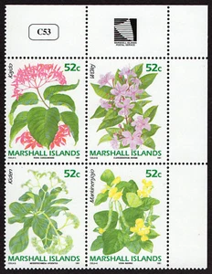 MARSHALL ISLANDS, SCOTT # 395-398 (395B), PLATE BLOCK OF FLOWERS, YEAR 1991, MNH - Picture 1 of 1