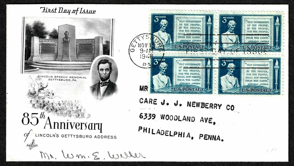 USA, SCOTT # 978, ARTCRAFT FDC COVER - ABRAHAM LINCOLN GETTYSBURG ADDRESS 1948 - Image 1 of 1