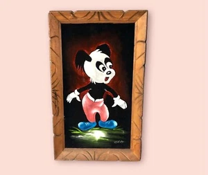 Mid Century Art Oil Painting Framed Andy Panda Black Velvet - Picture 1 of 9