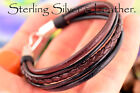 HANDMADE Solid Sterling Silver & Leather Armband Wristband Men Bracelet 1B-061
