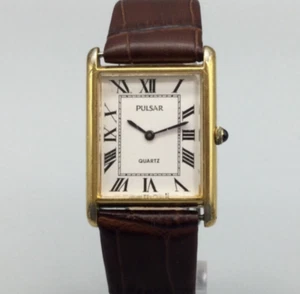 Vtg Pulsar Tank Watch Men V320-5350 24mm Gold Tone Leather Band New Battery - Picture 1 of 15