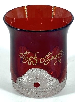 Antique Ruby Stained Etched EAPG Glass Tumbler "Mrs Marty" 1908 - Image 1 of 4