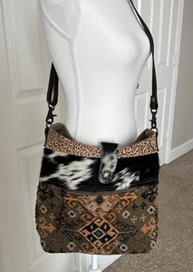 Myra Bag Empower Shoulder Bag Upcycled Canvas & Hairon Western Boho EUC - Picture 1 of 11