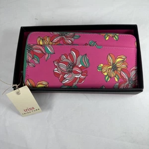 NWT Trina Turk Designer Faux Leather Floral Hot Pink Zip Around Wallet W Box $48 - Picture 1 of 11