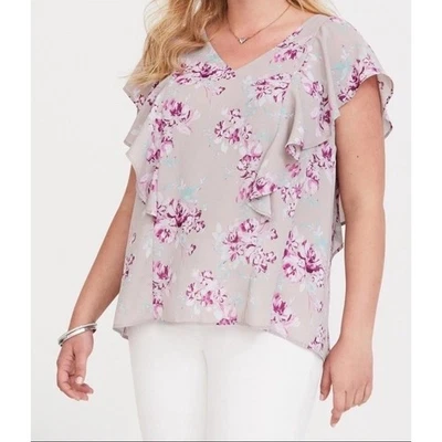Torrid Women 2X Pink Floral Flutter Sleeve Georgette Gray Shirt Boho Feminine - Image 1 of 4