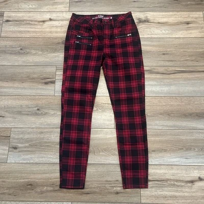 Pantalones de mezclilla de tiro alto Hot Topic súper ajustados talla 9 negros rojos a cuadros Foto 1 de 4