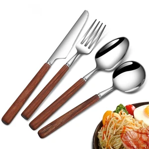 Ergonomic Rosewood Handle Cutlery Set 4 Piece Stainless Steel Fork Spoon 304 - Picture 1 of 6