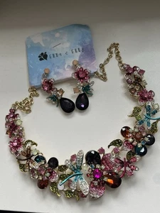 NEW Ella & Elly Pink & Blue Crystal Flower Bib Necklace & Drop Earrings - Picture 1 of 4