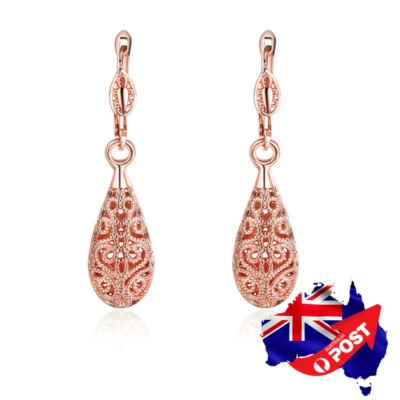 Elegant 18K Rose GOLD Plated Filigree Dangle Drop Earrings Antique Vintage Style - Image 1 of 4