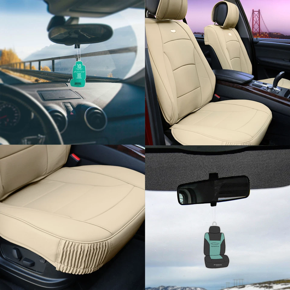 Car Seat Cover Leatherette Bucket Pair Set Solid Beige w/ Free Air Freshener - Image 1 of 4