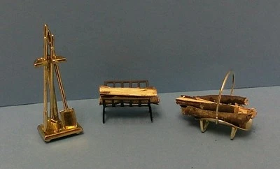 Dollhouse Miniature Classics Fireplace Tools Set, Basket, Log Holder & logs 1:12 - Image 1 of 4