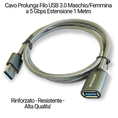 Cavo Prolunga Filo USB 3.0 Maschio/Femmina a 5 Gbps Estensione 1 Metro Premium - Immagine 1 di 4