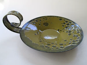 Vintage 8.5" Candle Holder Green/ Yellow MID CENTURY  Lava Enamel  by HANOVA ? - Picture 1 of 7