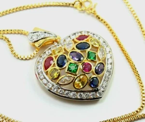 Beautiful Multi CZ Heart Pendant 22" Chain Necklace 24K GP Gold Thai Made GT43 - Picture 1 of 6