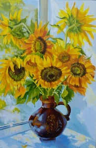 Original oil painting Still life sunflowers in vase on canvas, floral style - Picture 1 of 9