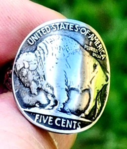 Authentic Buffalo Indian Nickel coin women signet ring sterling silver 5  size - Picture 1 of 5