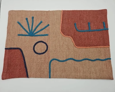 Art India PILLOW COVER 16" X 23.5" Woven Geometric  Textured Browns Teal - Image 1 of 4