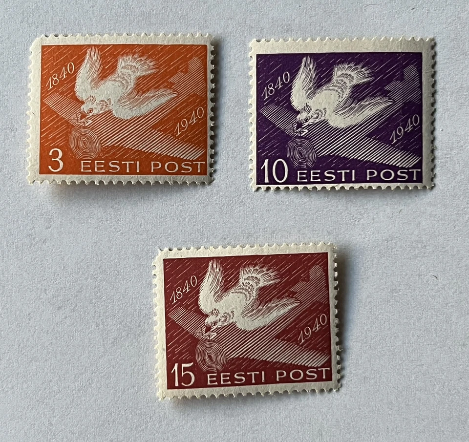 1940 ЭСТОНИЯ МАРКИ КОРОТКИЙ НАБОР #150-152 ПЕРЕВОЗЧИК ГОЛУБЬ И САМОЛЕТ MLH OG - Изображение 1 из 2