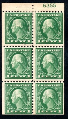 US Scott #424d Booklet Pane, Position D, Plate #6355, Hinged - Image 1 of 2