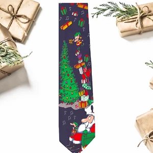 Santa and Elves Bringing Presents Christmas Necktie Hallmark Yule Tie Greetings - Picture 1 of 2