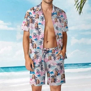 Conjunto Corto Camisa Hawaiana Personalizada de San Valentín, Foto Personalizada Palma Tropical - Imagen 1 de 2