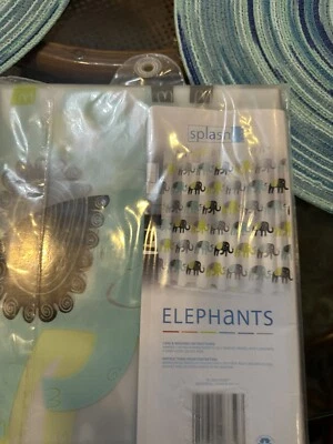 Cortina de ducha elefante. 70inx72in. Acentos de elefante gris/verde/azul. Foto 1 de 4