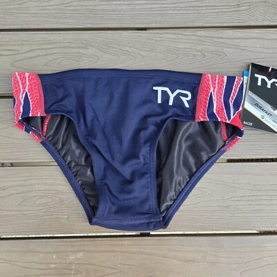 TYR Men's Durafast Elite Phoenix Navy/Red Drawstring Swim Racer Brief  SZ 30 New - Image 1 of 3