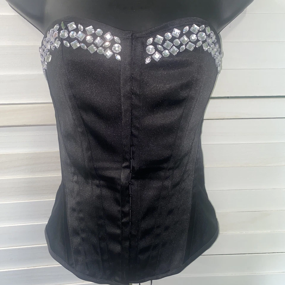 Corsé Bustier Charlotte Russe Negro Satinado Estrás Sin Tirantes Talla S Foto 1 de 4