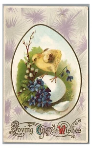 Loving EASTER Wishes Cute Baby Chick on Egg with Flowers Vintage Postcard - Picture 1 of 2