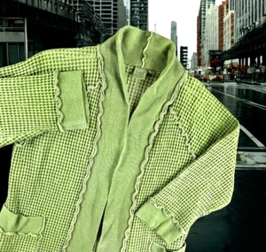 Focus Cardigan Women M Green Waffle Knit Distressed Grunge Lagenlook Boho Chore - Picture 1 of 15