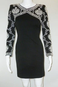 Vintage Adrienne Vittadini Damen Wollmischung Schwarz Kleid Perlen Größe 2 Langarm - Bild 1 von 4
