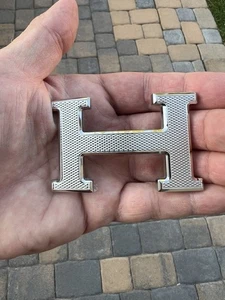Authentic HERMES Silver Palladium Guilloche H Metal Belt Buckle (excellent) - Picture 1 of 5