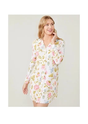 Spartina 449 Jan Jacoben Cream & Pink Long Sleeve Button Sleep Shirt XS - Image 1 of 4
