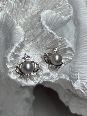 PENDIENTES CORONA PERLAS PLATA ESTERLINA 925 LONGITUD 0,5 PULGADAS Foto 1 de 4