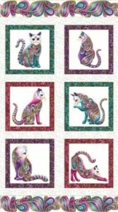 Benartex Cat-i-tude Cats Paisleys Gold Metallic White Cotton Fabric By The Panel - Picture 1 of 1