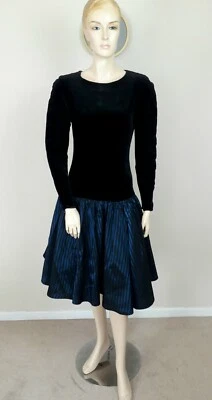 VINTAGE 80S BLACK VELVET & ELECTRIC BLUE PUFF SKIRT LAURA ASHLEY PARTY DRESS 6 - Image 1 of 4