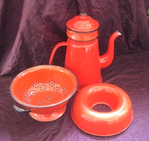 Altes Emaille Konvolut rot Emaile Sieb Brocante Landhaus Deko - Bild 1 von 7