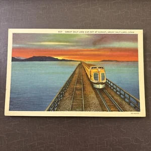 RAILROAD POSTCARD Great Salt Lake Cut Off at Sunset c. 1936 Linen by Curteich - Picture 1 of 2