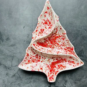 Rot und weiß gesprenkelt Keramik Weihnachtsbaum geteilt Nuss Süßigkeiten Schale 11,5" - Bild 1 von 8