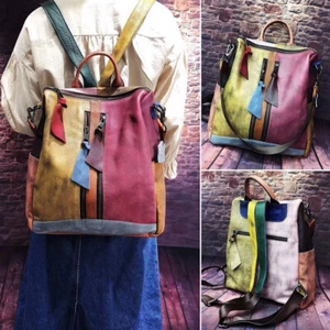 2 Way Multicolor Vintage Patch Brushed Real Leather Backpack Purse Shoulder Bag - Picture 1 of 10