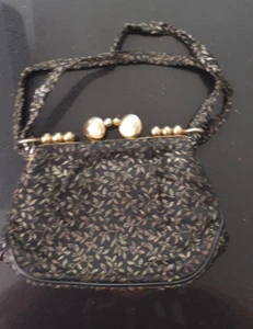 Msf Vintage Retro Handbag Black And Gold Leaf Design Small with clasp - Picture 1 of 10