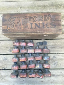 ORIGINAL Antique Wood Crate with 23 Sanford's Ink Jar Bottles Inkwell, As Found - Picture 1 of 15