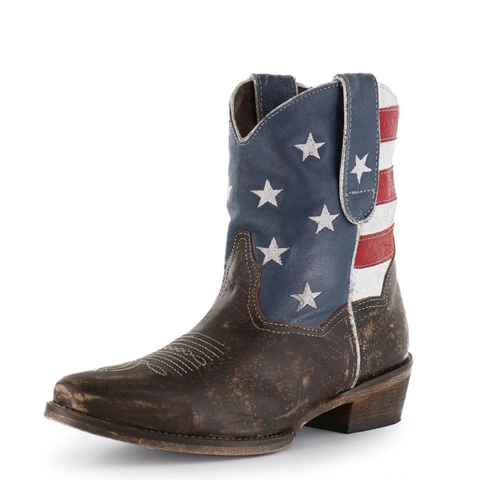 Roper Western Boots Womens Ankle USA Flag Brown 09-021-0977-0102 BR 8.5 8.5 B