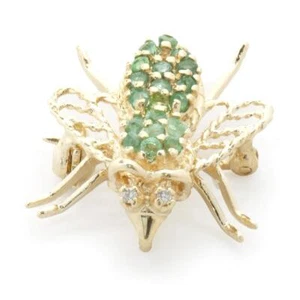 14 Karat Yellow Gold Diamond and Emerald Bee Pin - Picture 1 of 4
