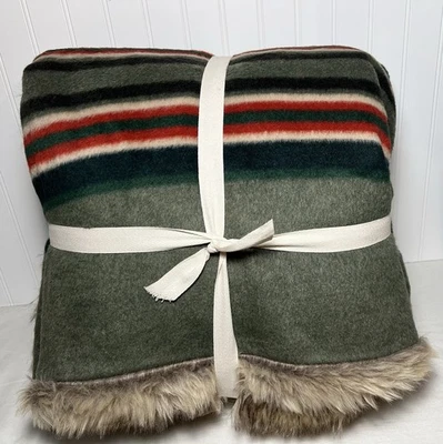 Pottery Barn Pendleton Yakima Faux Fur Back Stripe  Throw~Green Multi Read - Image 1 of 4
